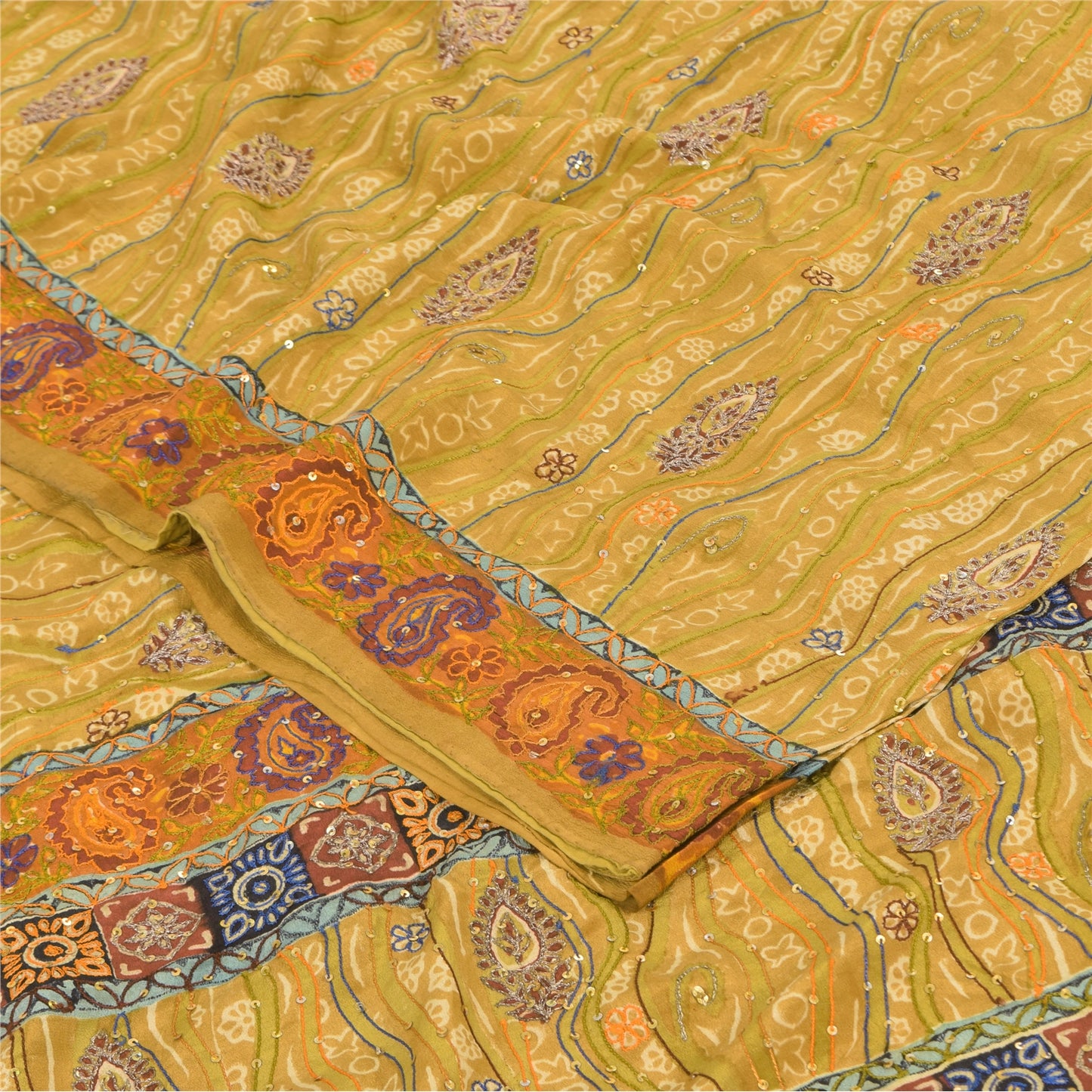 Sanskriti Vintage Sarees Green Hand Beaded Pure Crepe Silk Print Sari 5yd Sustainable Fabric