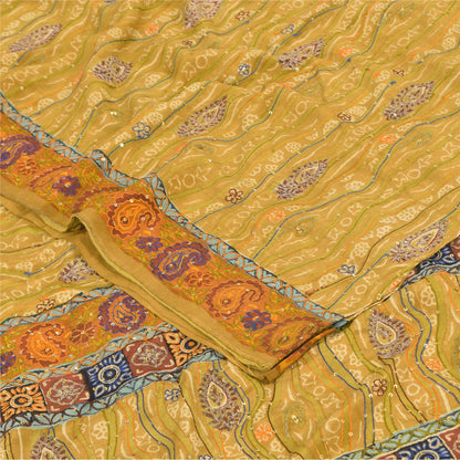 Sanskriti Vintage Sarees Green Hand Beaded Pure Crepe Silk Print Sari 5yd Sustainable Fabric