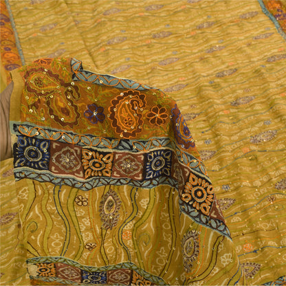 Sanskriti Vintage Sarees Green Hand Beaded Pure Crepe Silk Print Sari 5yd Sustainable Fabric