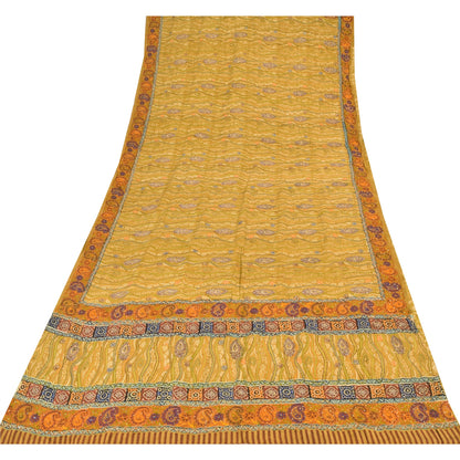 Sanskriti Vintage Sarees Green Hand Beaded Pure Crepe Silk Print Sari 5yd Sustainable Fabric