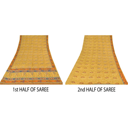 Sanskriti Vintage Sarees Green Hand Beaded Pure Crepe Silk Print Sari 5yd Sustainable Fabric