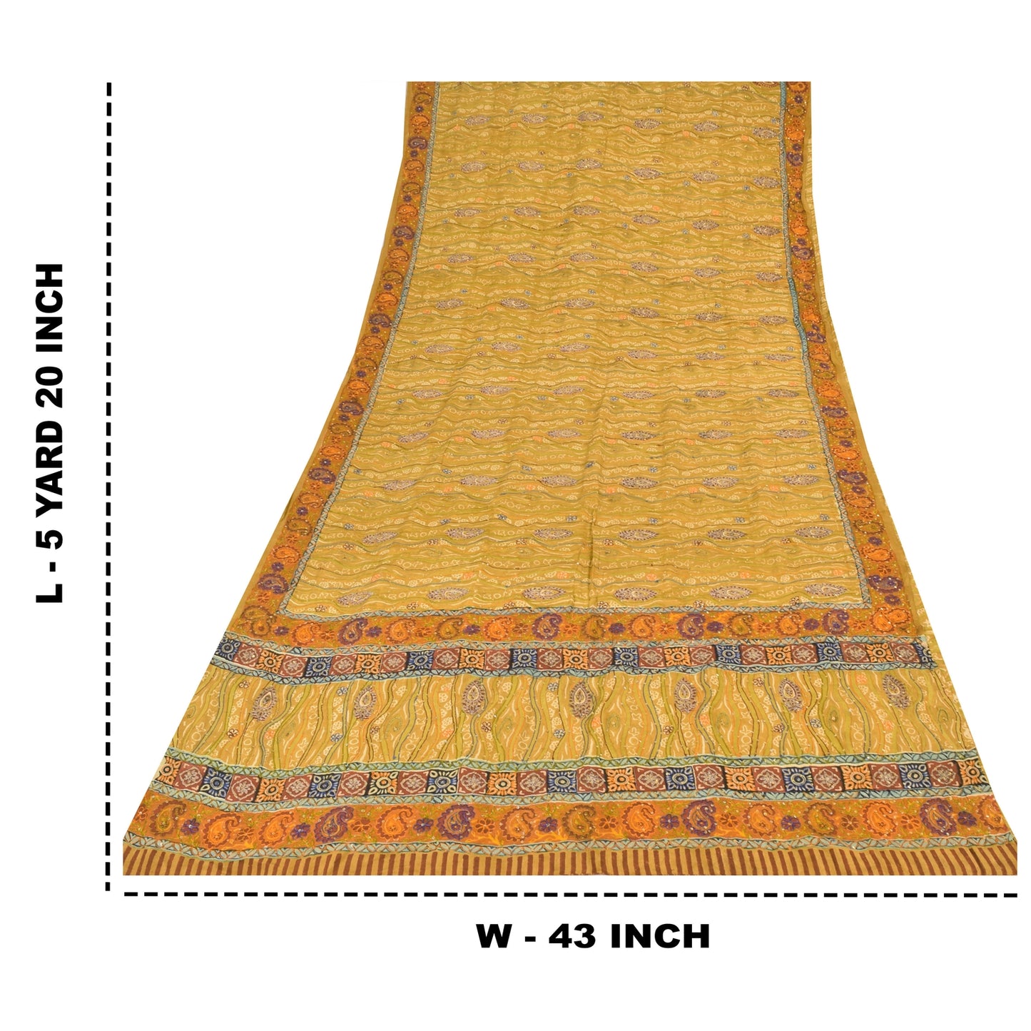 Sanskriti Vintage Sarees Green Hand Beaded Pure Crepe Silk Print Sari 5yd Sustainable Fabric