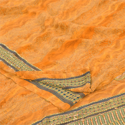 Sanskriti Vintage Sarees Saffron Hand Beaded Pure Crepe Printed Sari 5yd Sustainable Fabric