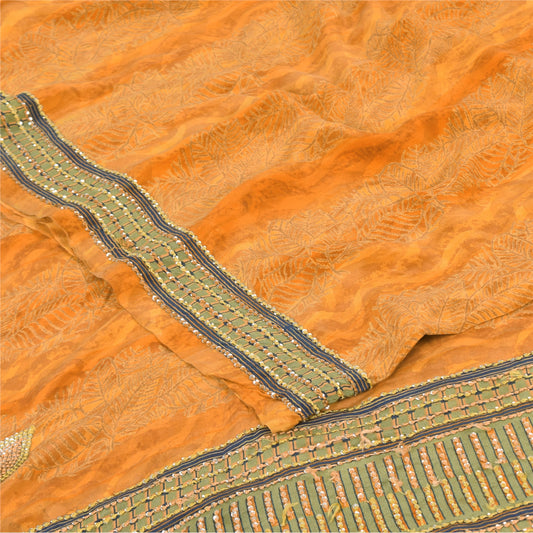 Sanskriti Vintage Sarees Saffron Hand Beaded Pure Crepe Printed Sari 5yd Sustainable Fabric