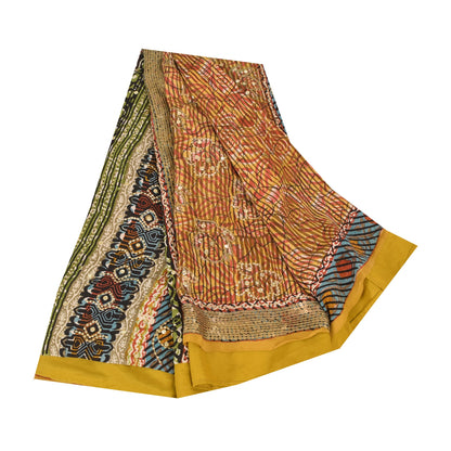 Sanskriti Vintage Sarees Pure Crepe Silk Embroidered Print Sari 5yd Craft Sustainable Fabric