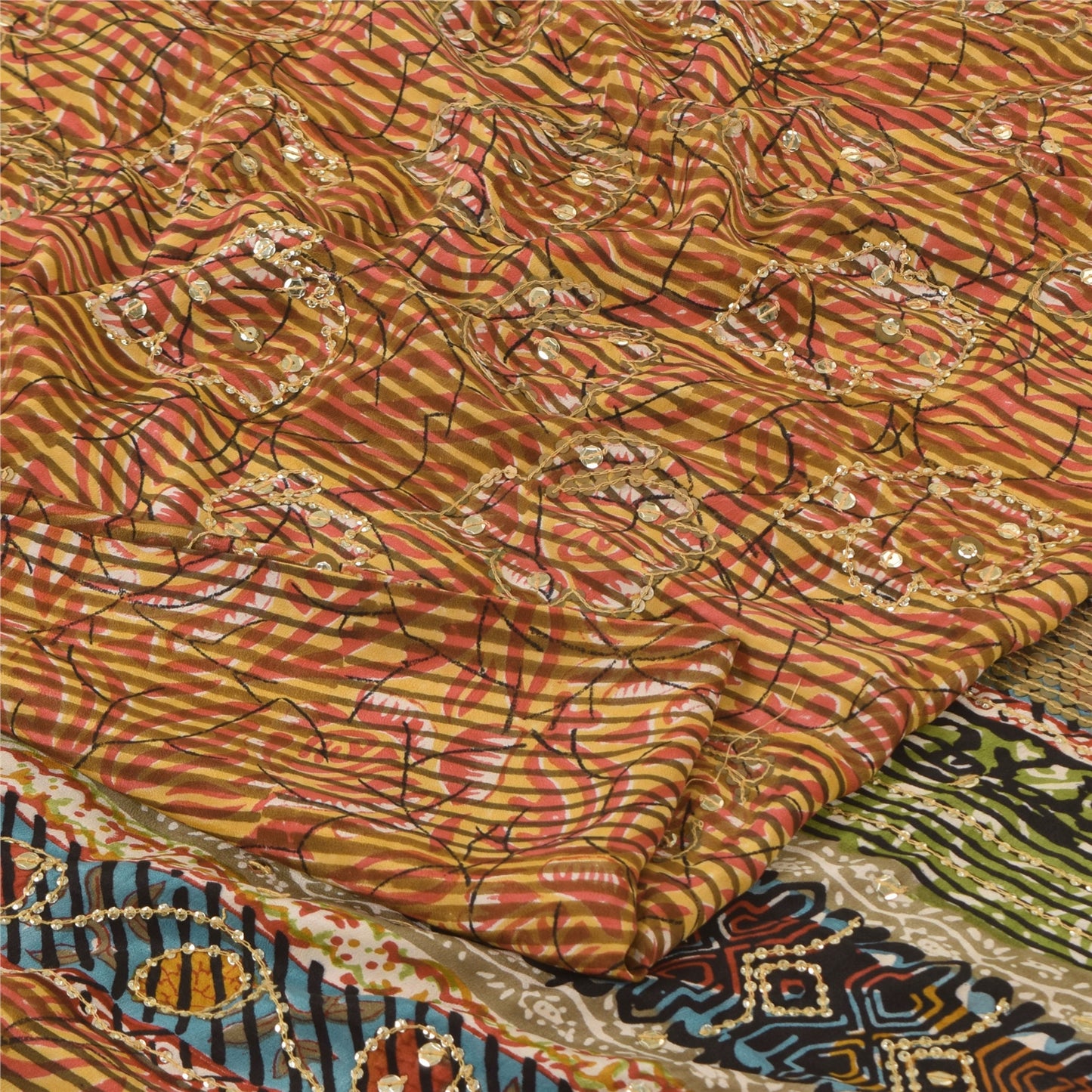 Sanskriti Vintage Sarees Pure Crepe Silk Embroidered Print Sari 5yd Craft Sustainable Fabric