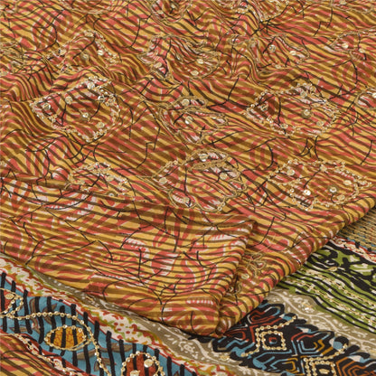 Sanskriti Vintage Sarees Pure Crepe Silk Embroidered Print Sari 5yd Craft Sustainable Fabric