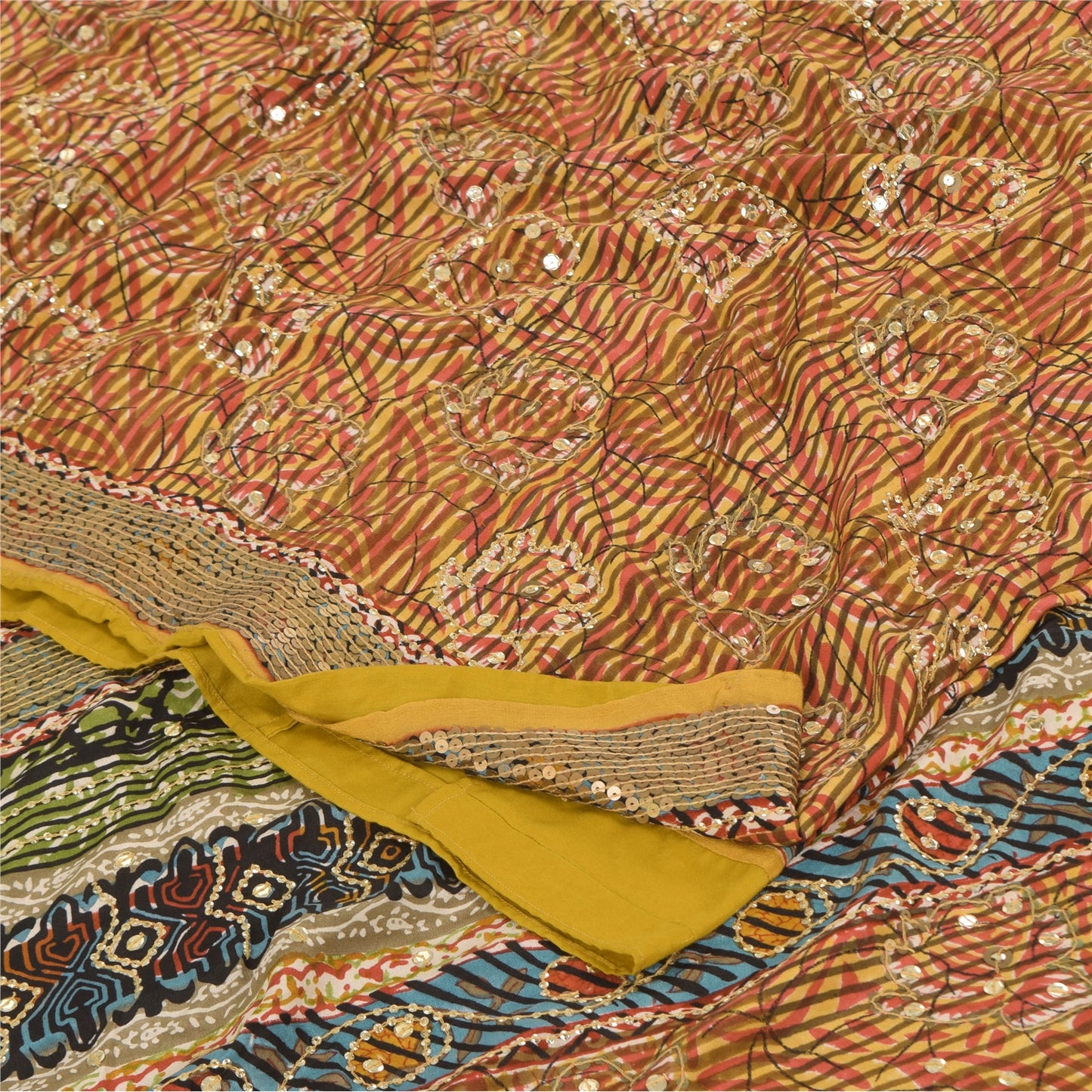 Sanskriti Vintage Sarees Pure Crepe Silk Embroidered Print Sari 5yd Craft Sustainable Fabric