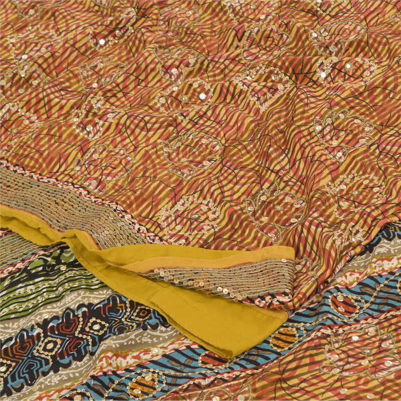 Sanskriti Vintage Sarier i ren crepesilke med broderet tryk, 5 m håndværk, bæredygtigt stof
