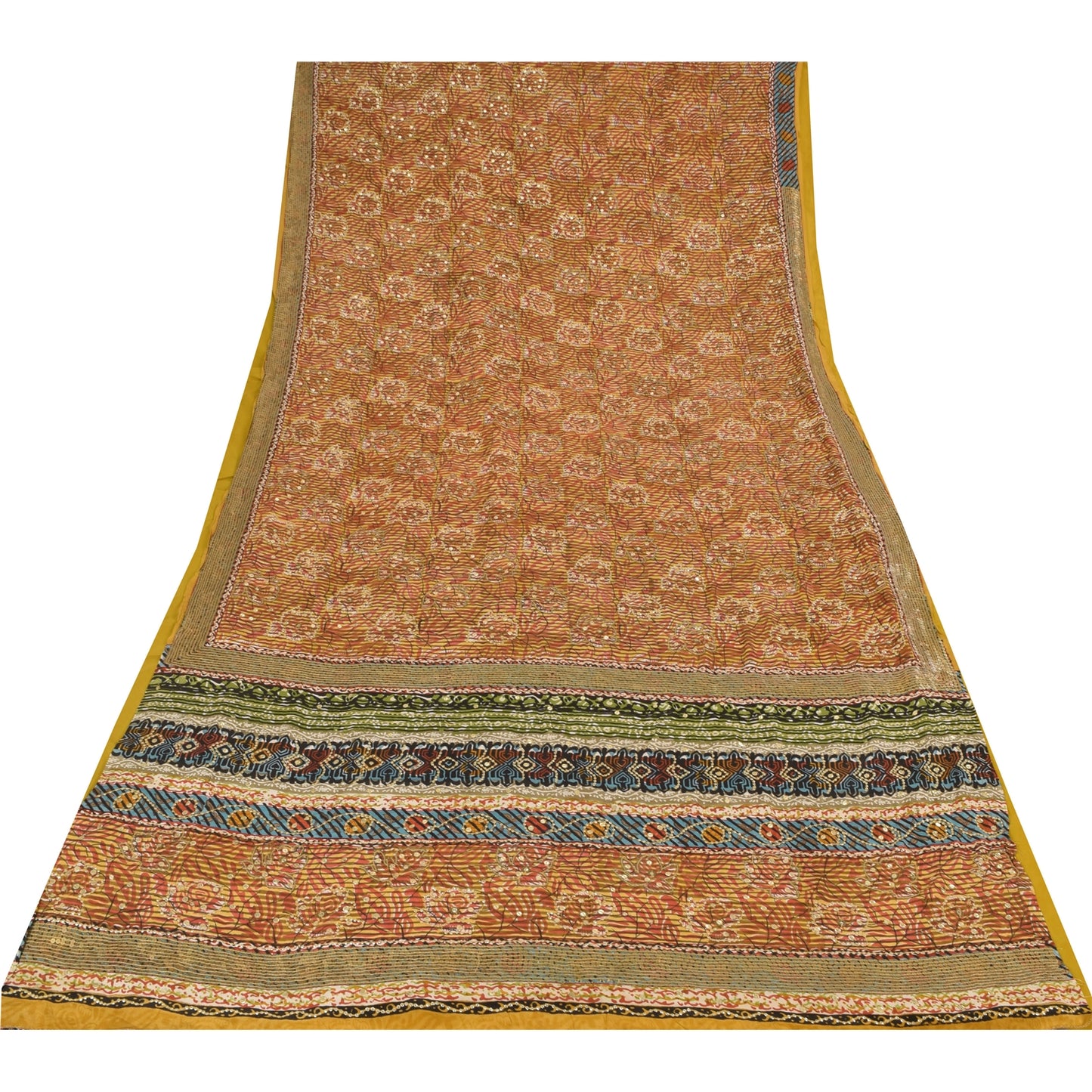 Sanskriti Vintage Sarees Pure Crepe Silk Embroidered Print Sari 5yd Craft Sustainable Fabric