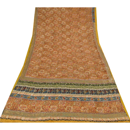 Sanskriti Vintage Sarees Pure Crepe Silk Embroidered Print Sari 5yd Craft Sustainable Fabric