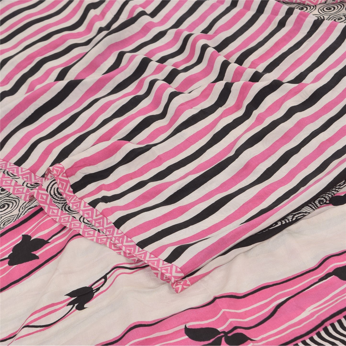 Sanskriti Vintage Sarees Black 100%Pure Crepe Silk Printed Sari 5yd Craft Sustainable Fabric