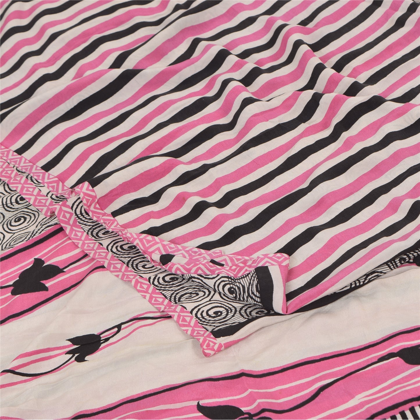 Sanskriti Vintage Sarees Black 100%Pure Crepe Silk Printed Sari 5yd Craft Sustainable Fabric