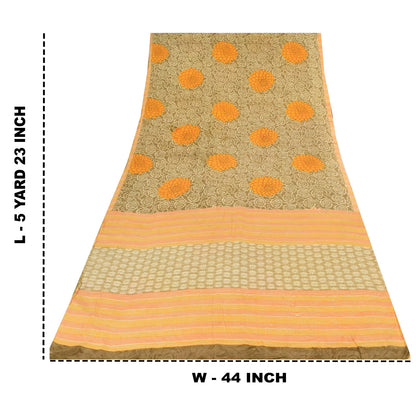 Sanskriti Vintage Sarees Cream 100%Pure Crepe Silk Printed Sari 5yd Craft Sustainable Fabric