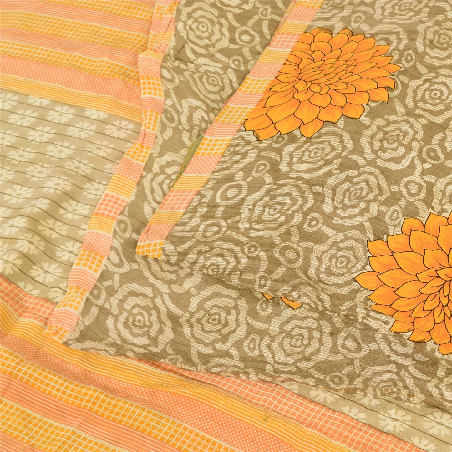 Sanskriti Vintage Sarees Cream 100%Pure Crepe Silk Printed Sari 5yd Craft Sustainable Fabric