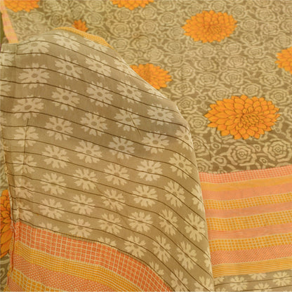 Sanskriti Vintage Sarees Cream 100%Pure Crepe Silk Printed Sari 5yd Craft Sustainable Fabric