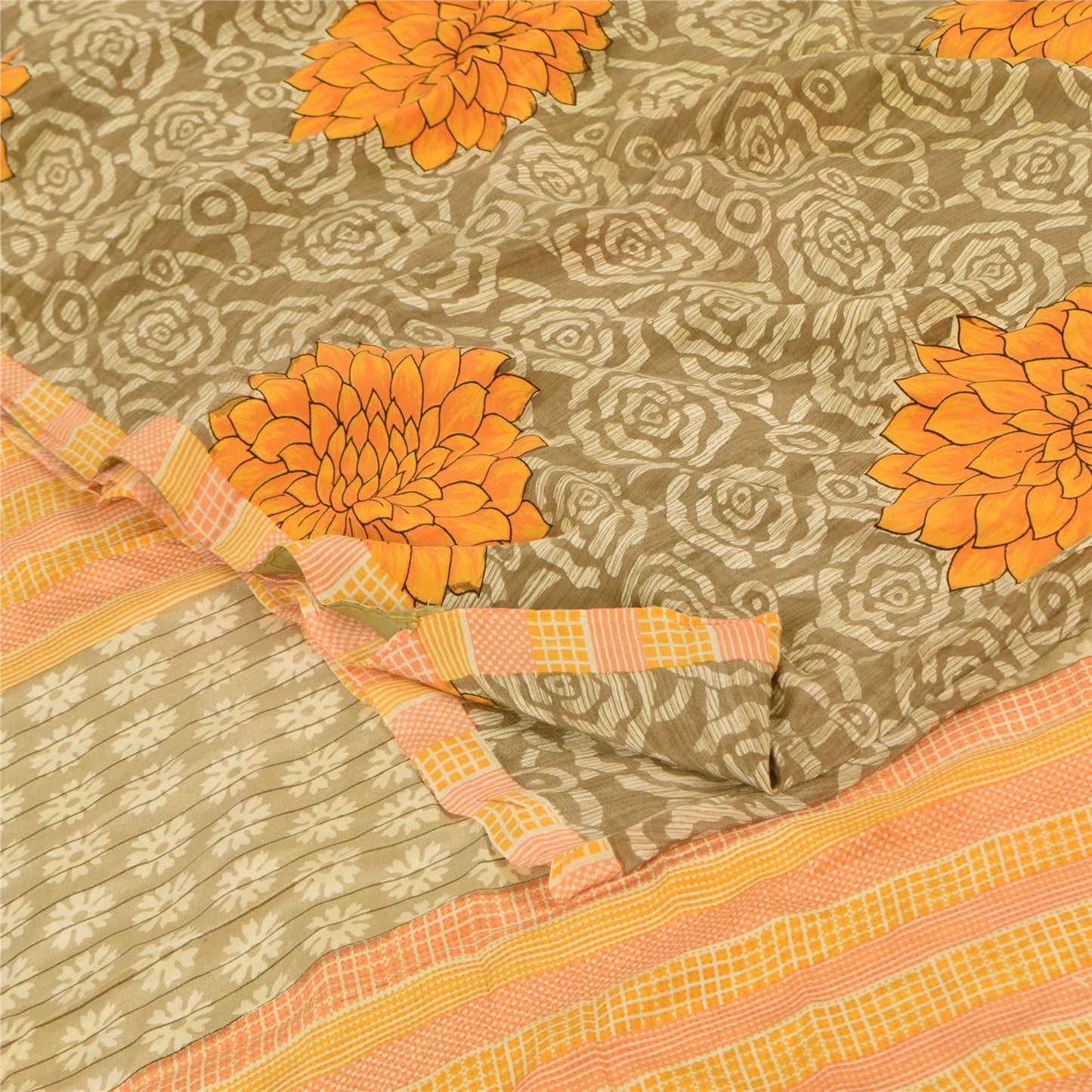 Sanskriti Vintage Sarees Cream 100%Pure Crepe Silk Printed Sari 5yd Craft Sustainable Fabric