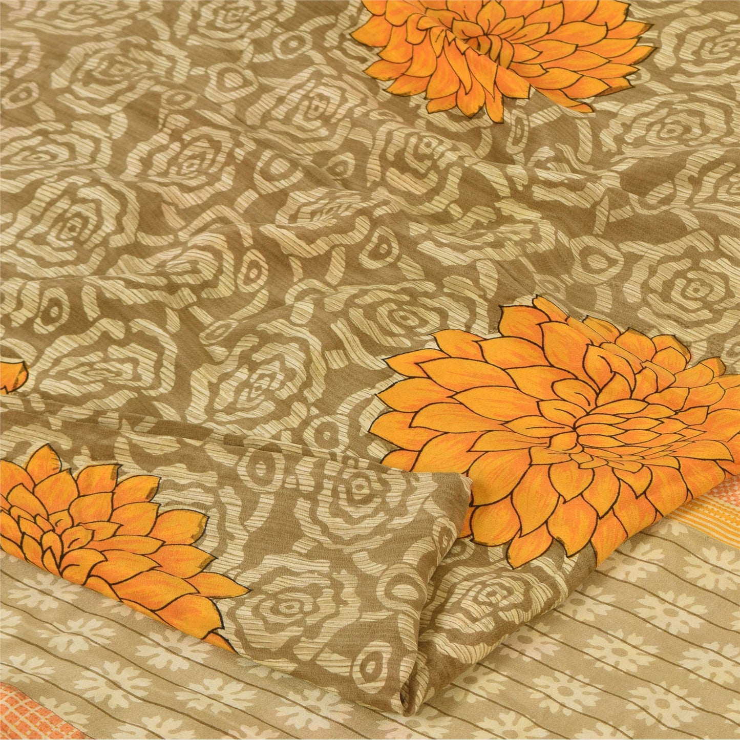 Sanskriti Vintage Sarees Cream 100%Pure Crepe Silk Printed Sari 5yd Craft Sustainable Fabric