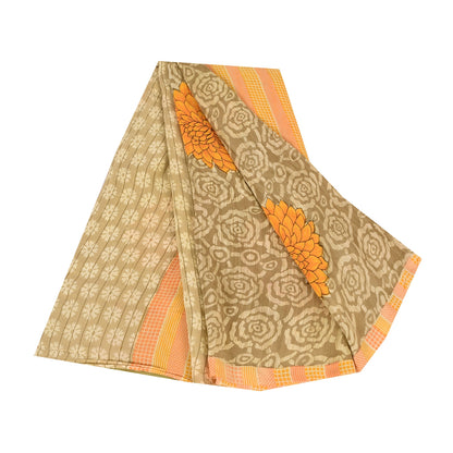 Sanskriti Vintage Sarees Cream 100%Pure Crepe Silk Printed Sari 5yd Craft Sustainable Fabric