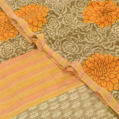 Sanskriti Vintage Sarees Cream 100%Pure Crepe Silk Printed Sari 5yd Craft Sustainable Fabric