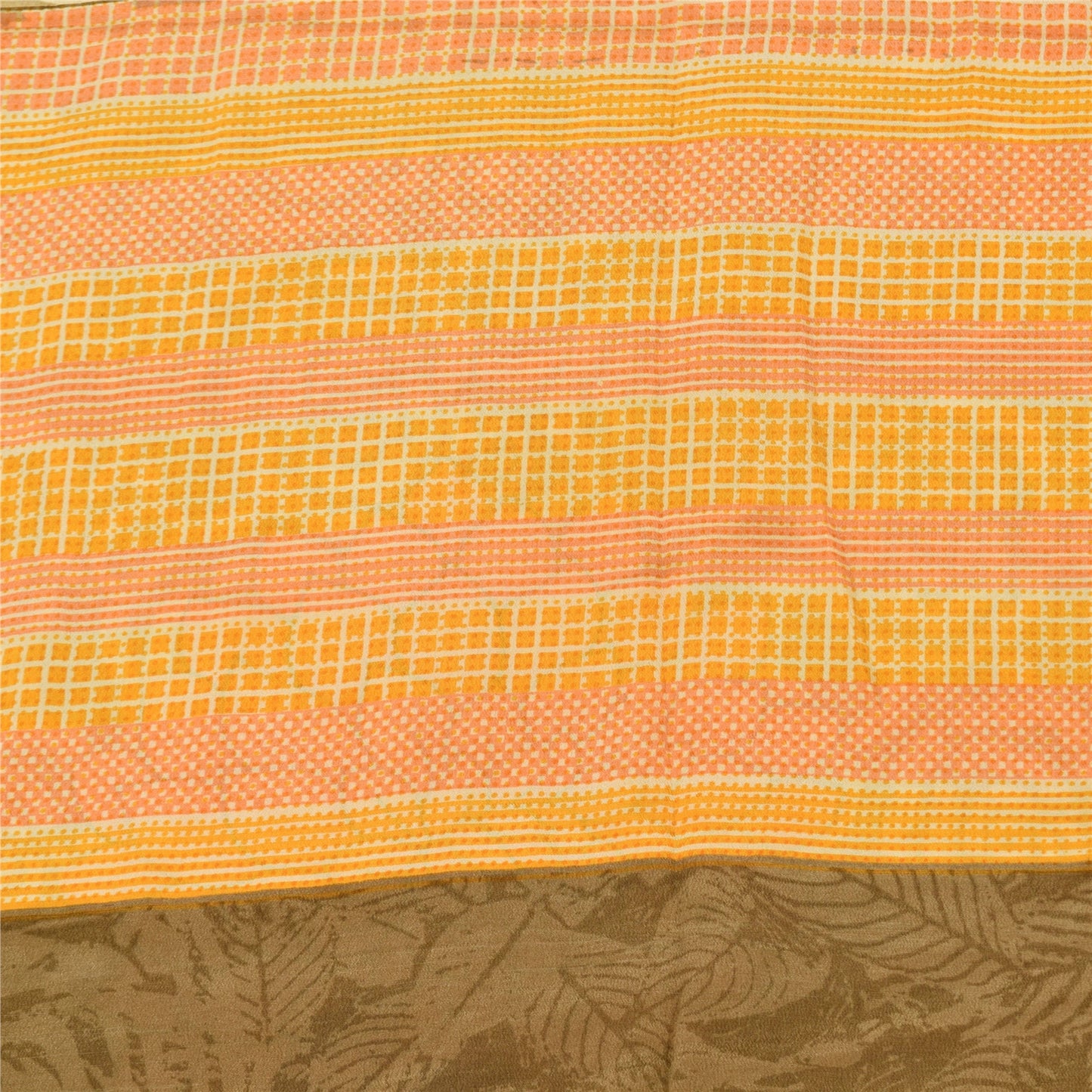 Sanskriti Vintage Sarees Cream 100%Pure Crepe Silk Printed Sari 5yd Craft Sustainable Fabric