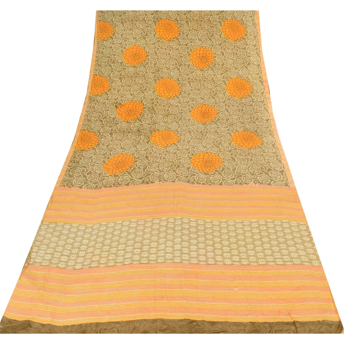 Sanskriti Vintage Sarees Cream 100%Pure Crepe Silk Printed Sari 5yd Craft Sustainable Fabric