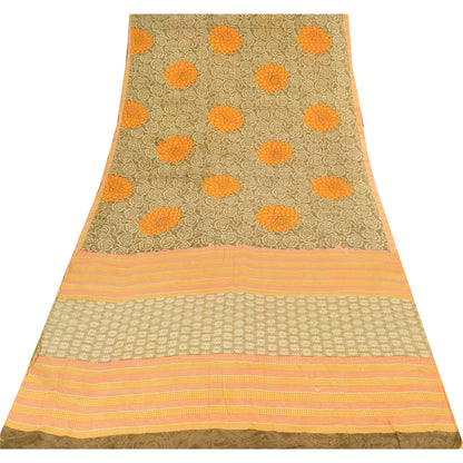 Sanskriti Vintage Sarees Cream 100%Pure Crepe Silk Printed Sari 5yd Craft Sustainable Fabric