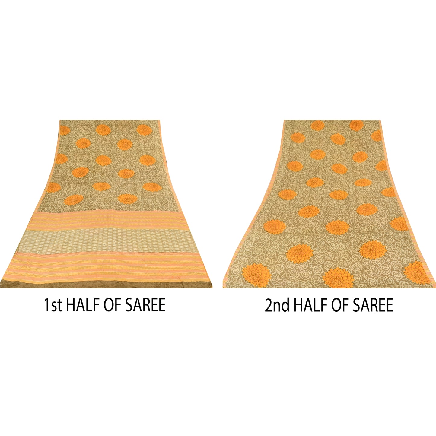 Sanskriti Vintage Sarees Cream 100%Pure Crepe Silk Printed Sari 5yd Craft Sustainable Fabric