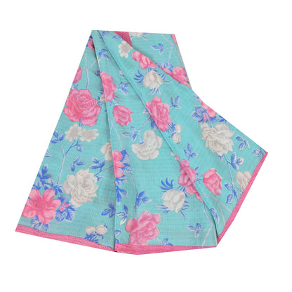 Sanskriti Vintage Sarees Indian Blue Blend Crepe Printed Sari 5yd Craft Sustainable Fabric