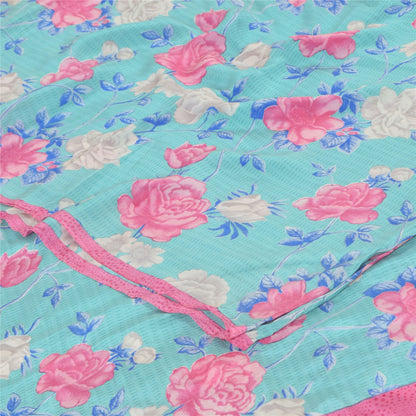 Sanskriti Vintage Sarees Indian Blue Blend Crepe Printed Sari 5yd Craft Sustainable Fabric