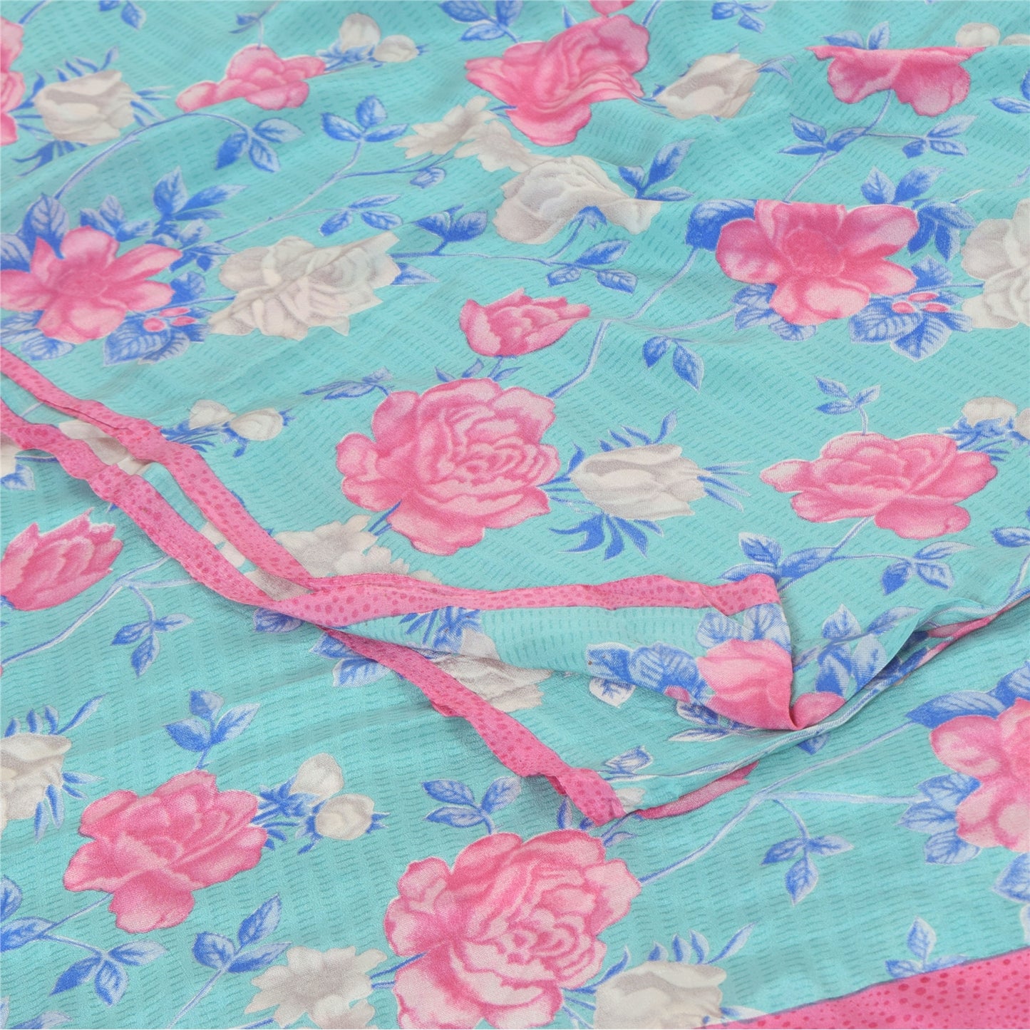 Sanskriti Vintage Sarees Indian Blue Blend Crepe Printed Sari 5yd Craft Sustainable Fabric