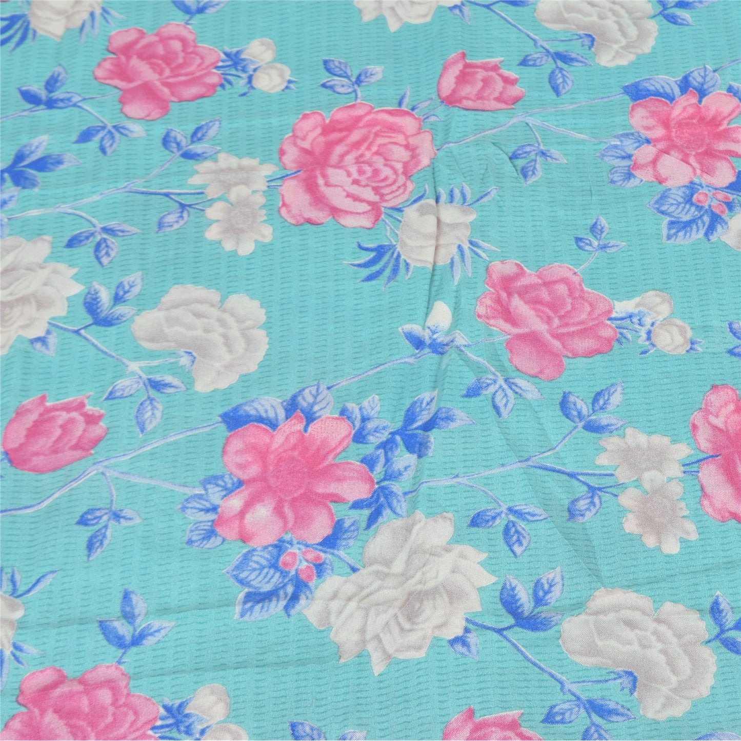 Sanskriti Vintage Sarees Indian Blue Blend Crepe Printed Sari 5yd Craft Sustainable Fabric