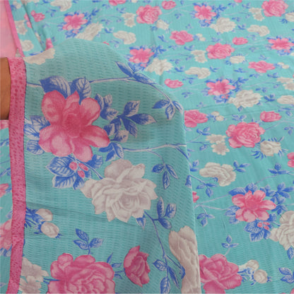 Sanskriti Vintage Sarees Indian Blue Blend Crepe Printed Sari 5yd Craft Sustainable Fabric