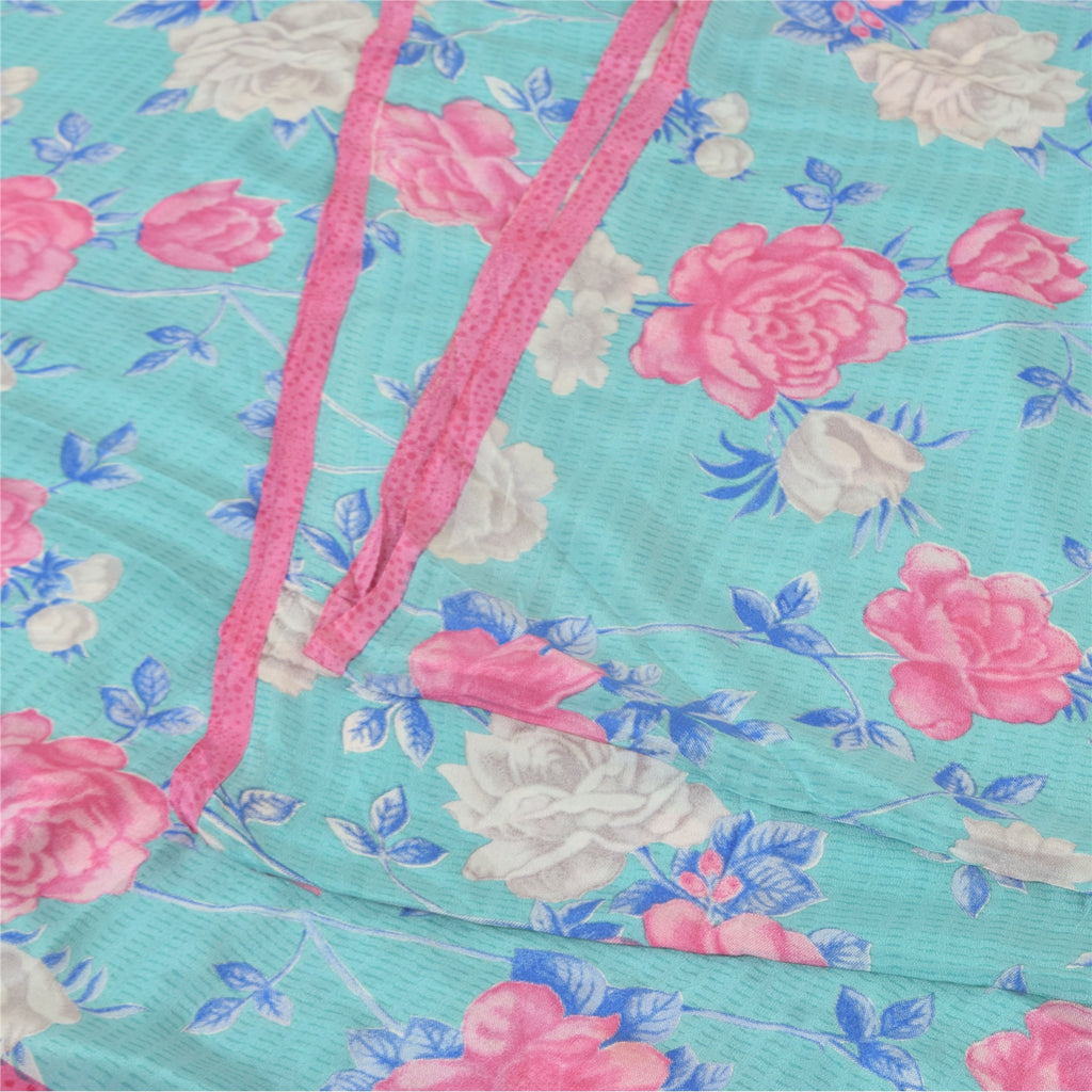 Sanskriti Vintage Sarees Indian Blue Blend Crepe Printed Sari 5yd Craft Sustainable Fabric