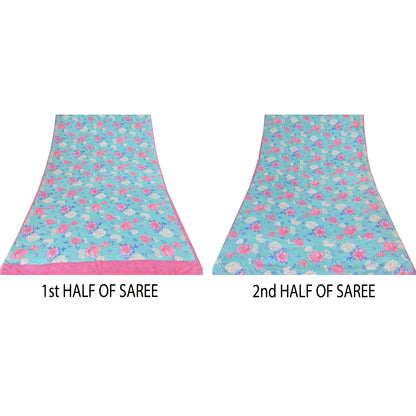 Sanskriti Vintage Sarees Indian Blue Blend Crepe Printed Sari 5yd Craft Sustainable Fabric