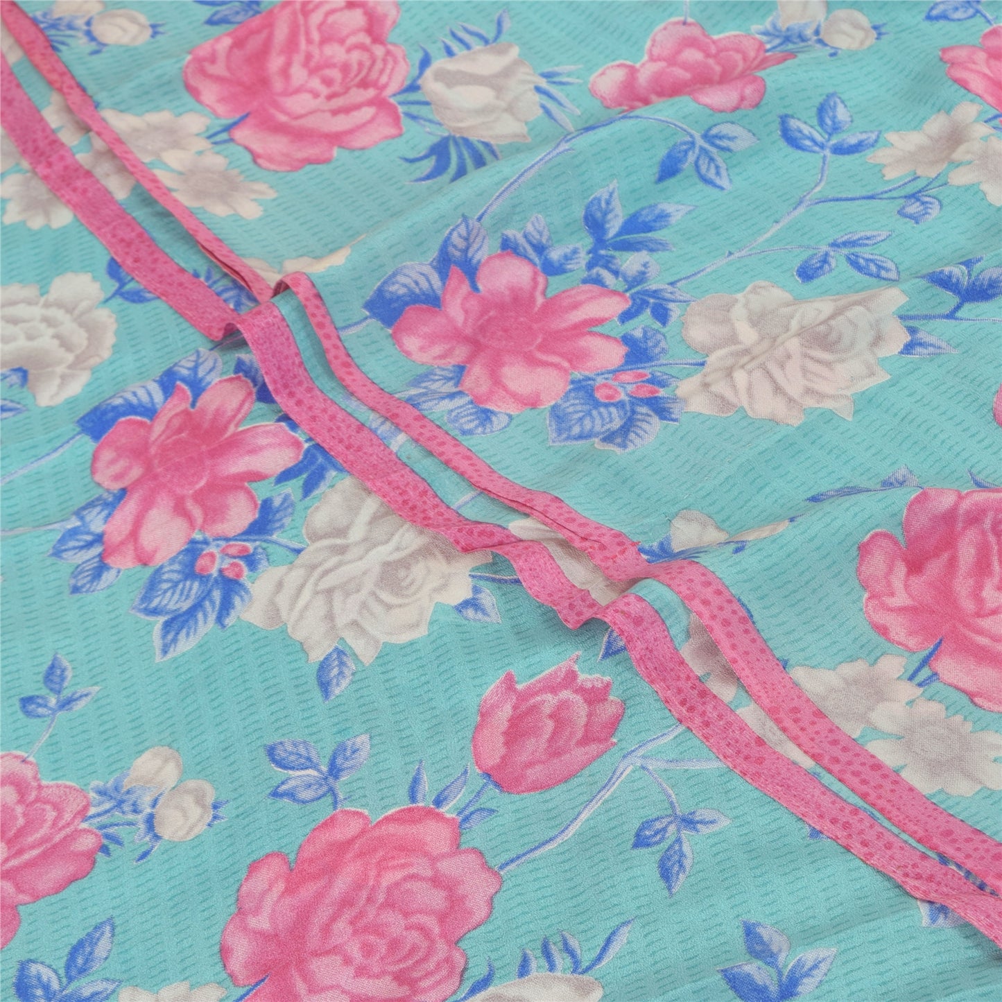 Sanskriti Vintage Sarees Indian Blue Blend Crepe Printed Sari 5yd Craft Sustainable Fabric