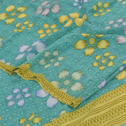 Sanskriti Vintage Sarees Sea-Green Pure Crepe Silk Printed Sari 5yd Craft Sustainable Fabric