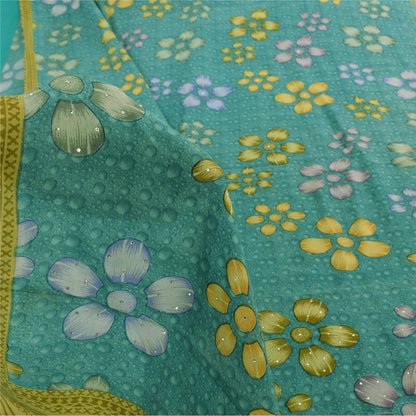 Sanskriti Vintage Sarees Sea-Green Pure Crepe Silk Printed Sari 5yd Craft Sustainable Fabric