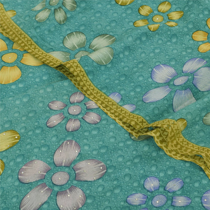 Sanskriti Vintage Sarees Sea-Green Pure Crepe Silk Printed Sari 5yd Craft Sustainable Fabric