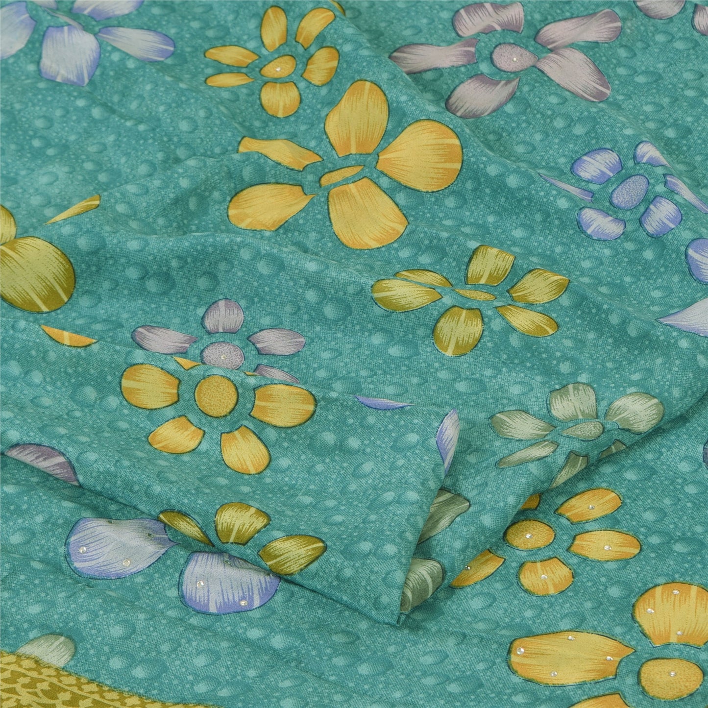 Sanskriti Vintage Sarees Sea-Green Pure Crepe Silk Printed Sari 5yd Craft Sustainable Fabric