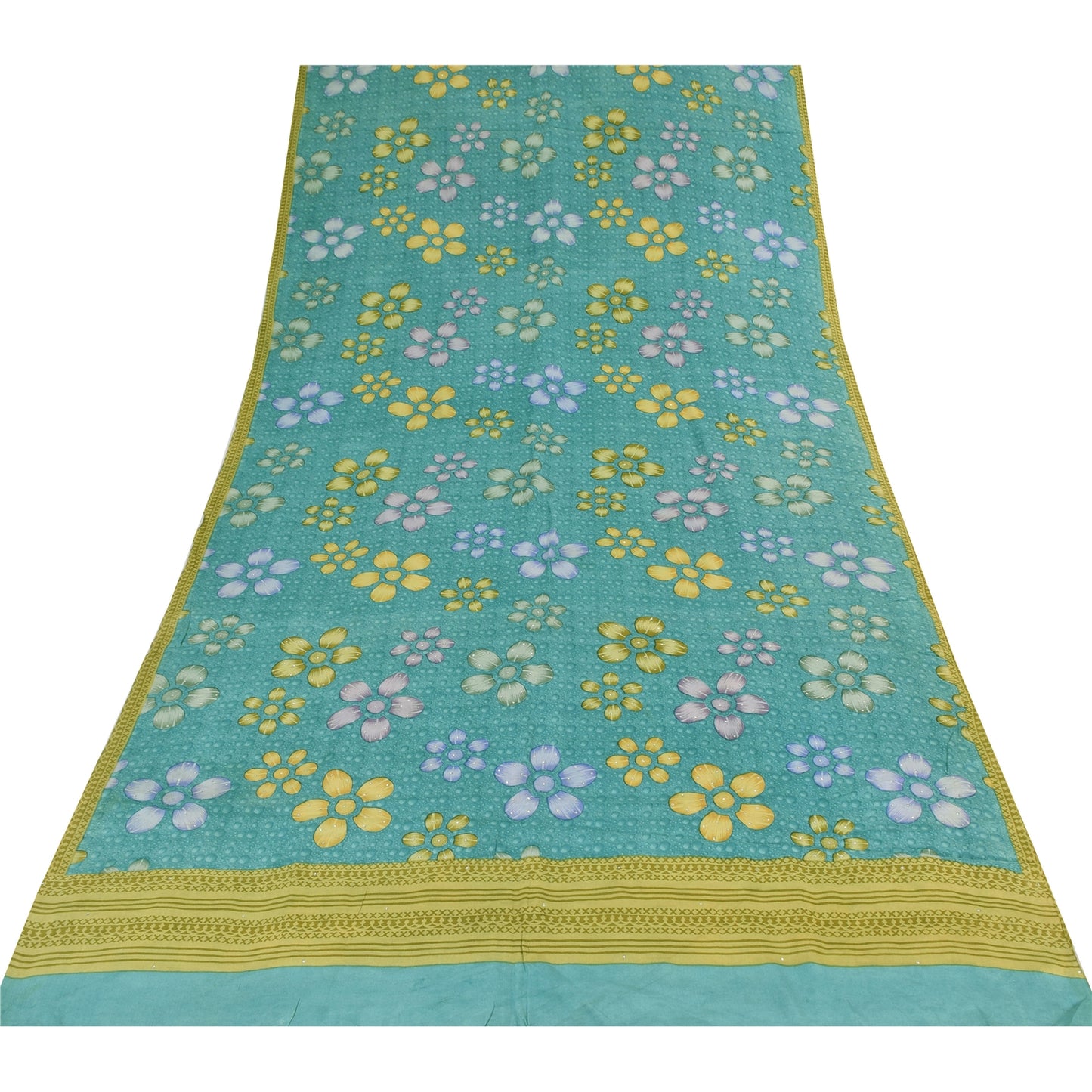 Sanskriti Vintage Sarees Sea-Green Pure Crepe Silk Printed Sari 5yd Craft Sustainable Fabric