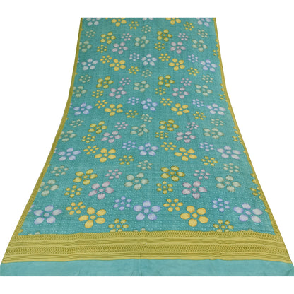 Sanskriti Vintage Sarees Sea-Green Pure Crepe Silk Printed Sari 5yd Craft Sustainable Fabric