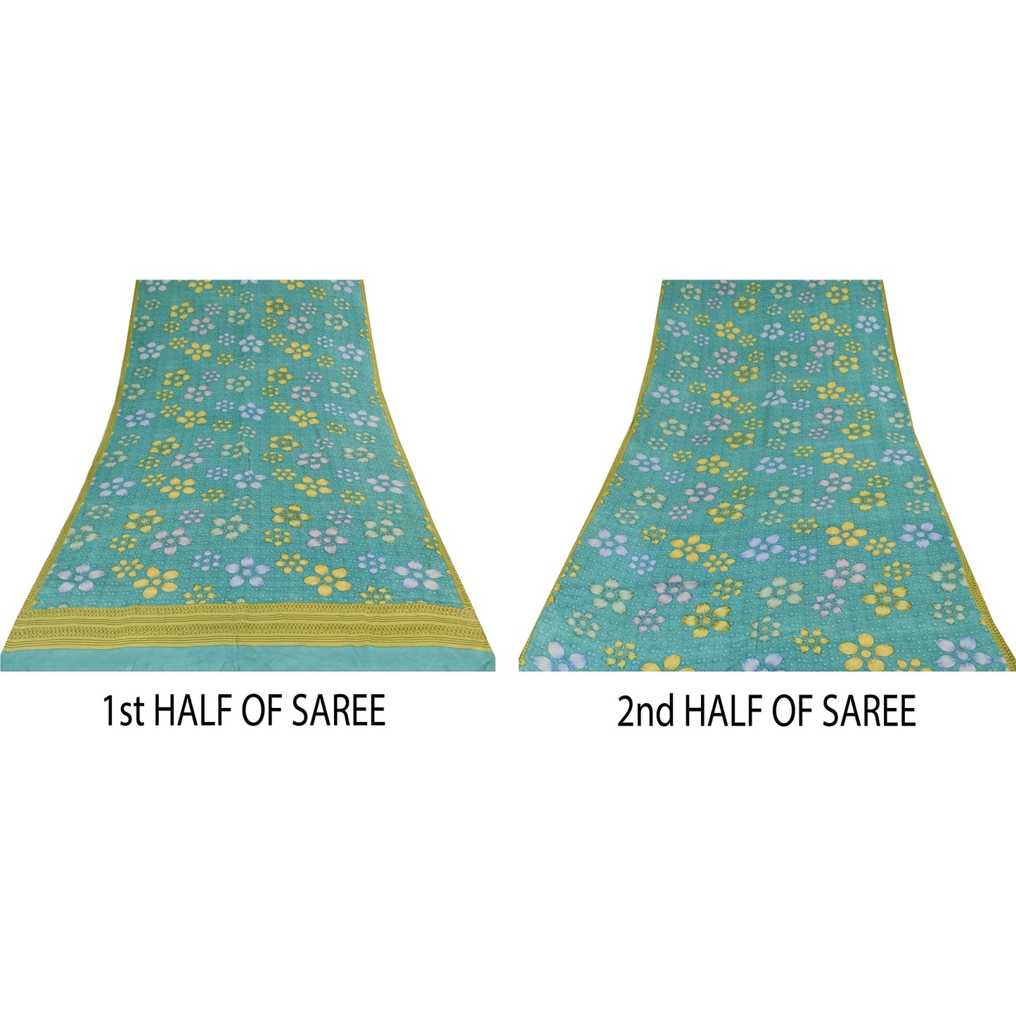 Sanskriti Vintage Sarees Sea-Green Pure Crepe Silk Printed Sari 5yd Craft Sustainable Fabric