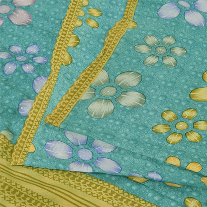 Sanskriti Vintage Sarees Sea-Green Pure Crepe Silk Printed Sari 5yd Craft Sustainable Fabric