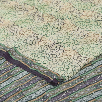 Sanskriti Vintage Sarees Ivory Pure Crepe Silk Printed Sari 5yd SoftCraft Sustainable Fabric