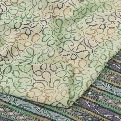 Sanskriti Vintage Sarees Ivory Pure Crepe Silk Printed Sari 5yd SoftCraft Sustainable Fabric