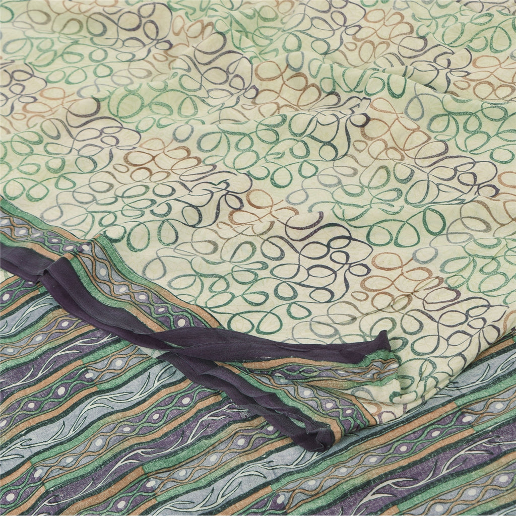 Sanskriti Vintage Sarees Ivory Pure Crepe Silk Printed Sari 5yd SoftCraft Sustainable Fabric