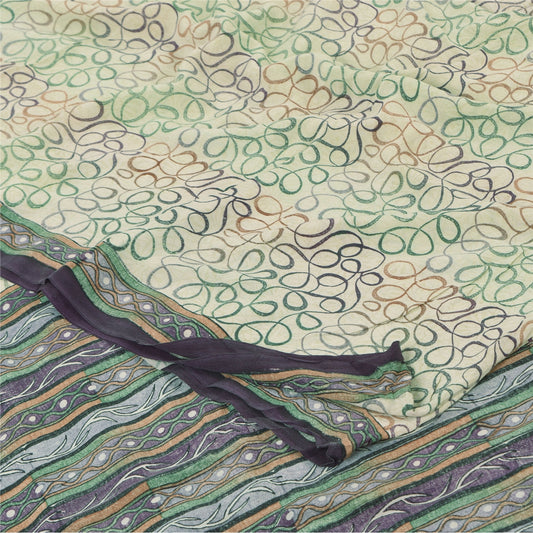 Sanskriti Vintage Sarees Ivory Pure Crepe Silk Printed Sari 5yd SoftCraft Sustainable Fabric