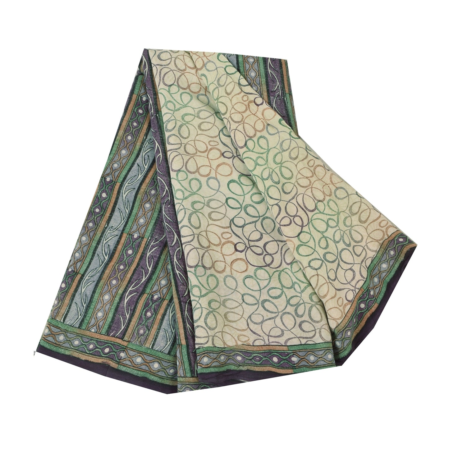 Sanskriti Vintage Sarees Ivory Pure Crepe Silk Printed Sari 5yd SoftCraft Sustainable Fabric