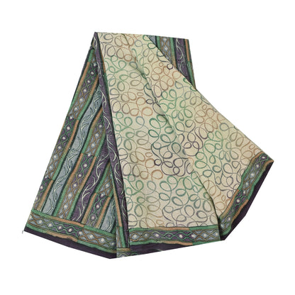 Sanskriti Vintage Sarees Ivory Pure Crepe Silk Printed Sari 5yd SoftCraft Sustainable Fabric